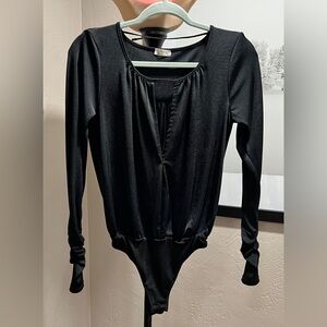 Free People Black Long Sleeve Ruched Scoop Neck Bodysuit XS